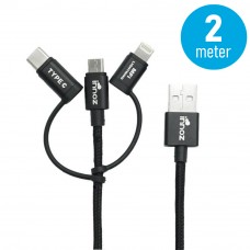 Innoz® InnoLink 3-in-1 Nylon Cable - Black (2m) - MFI Certified InnoLink Charging/Transfer Cable - Type-C, Micro USB, Lightning - Nylon Braided, Aluminium Shell