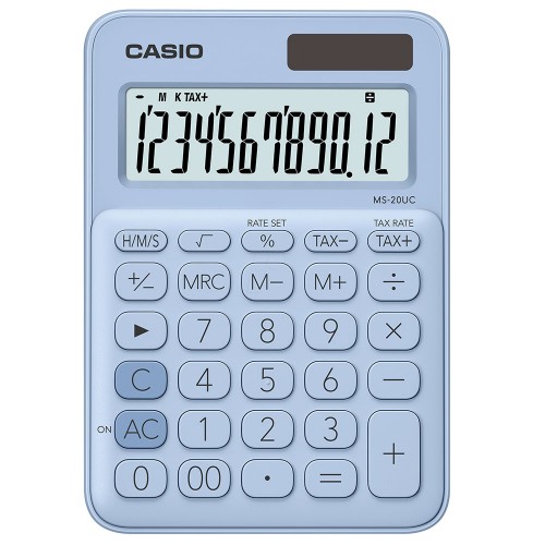 Casio Colourful Calculator - 12 Digits, Solar &amp; Battery, Tax &amp; Time Calculation, Light Blue (MS-20UC-LB)